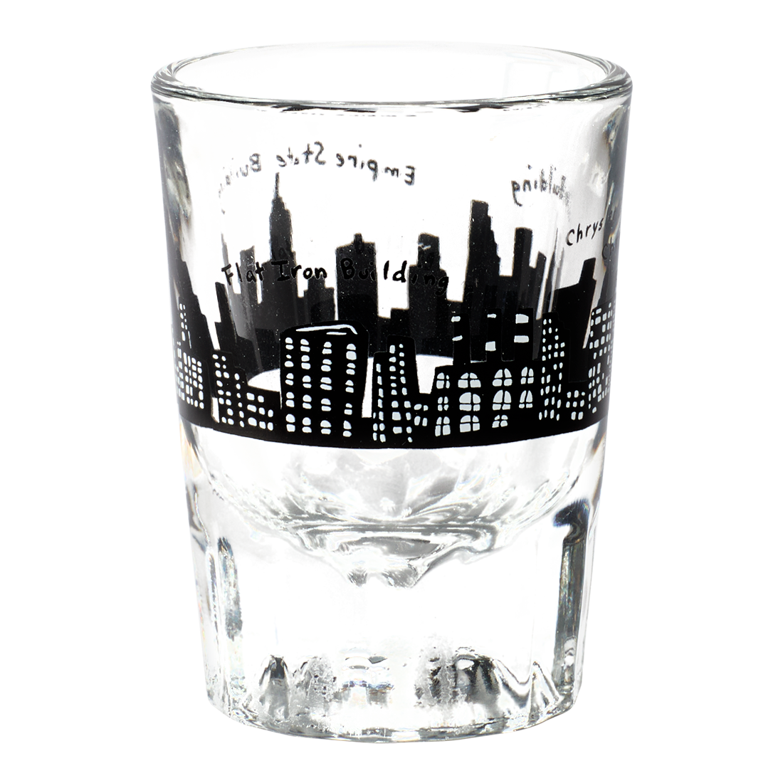 Clear glass tumbler with black city skyline design on a white background