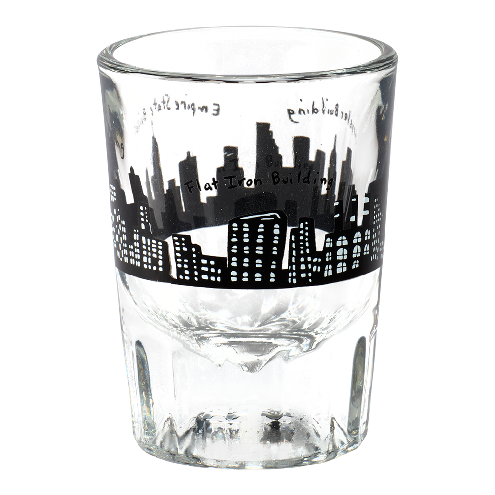Clear glass with black city skyline design on a white background