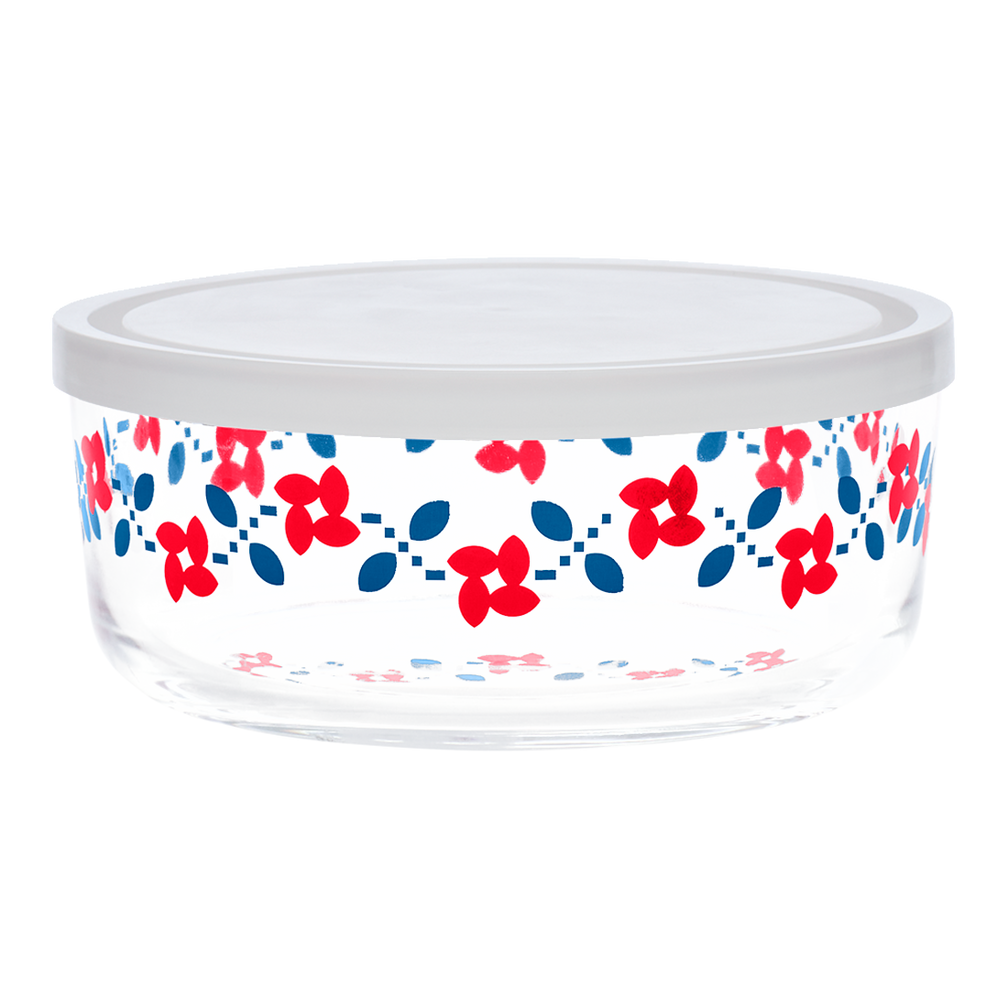 Clear container with floral pattern on a white background