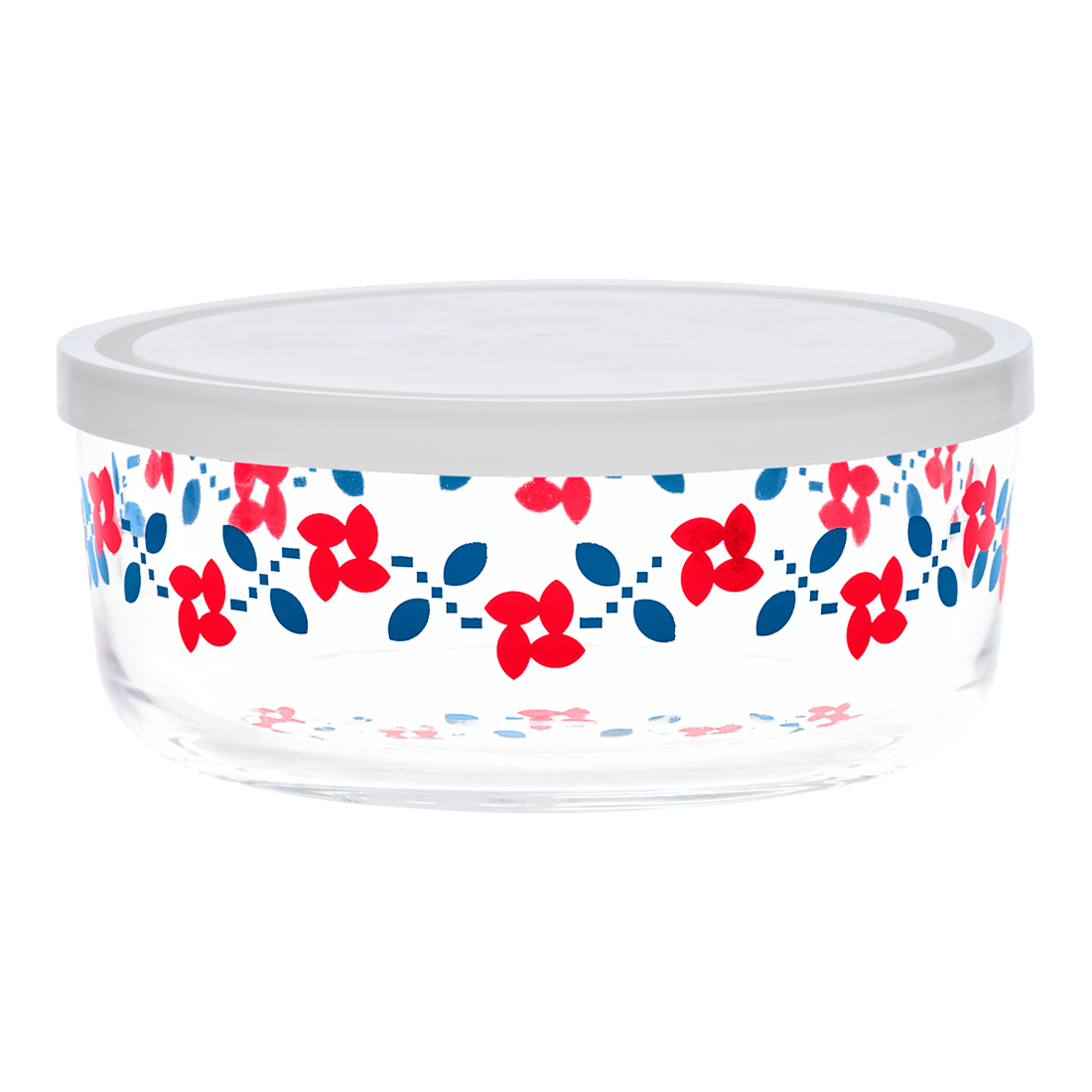 Clear container with floral pattern on a white background