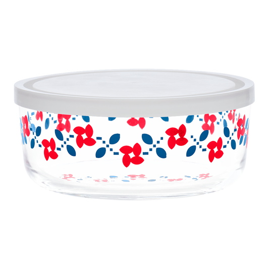 Clear container with floral pattern on a white background