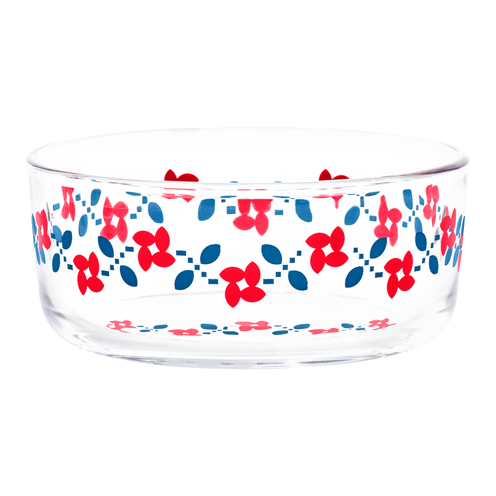 Glass bowl with floral pattern in red and blue on a white background