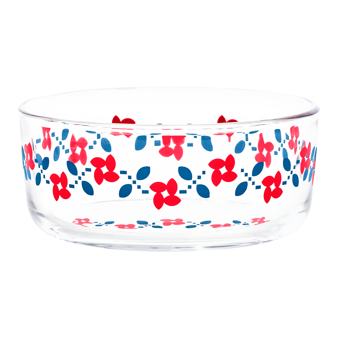 Glass bowl with floral pattern in red and blue on a white background