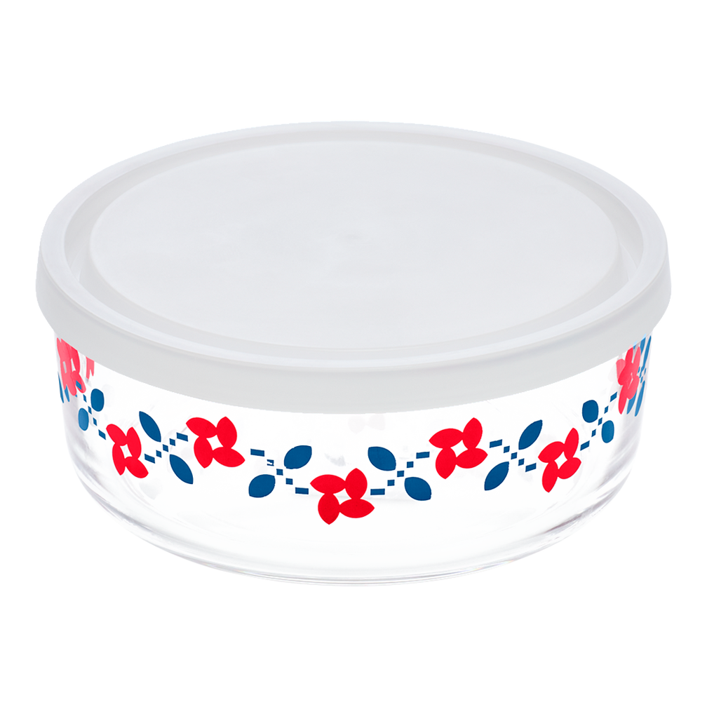 Round container with floral pattern on a white background