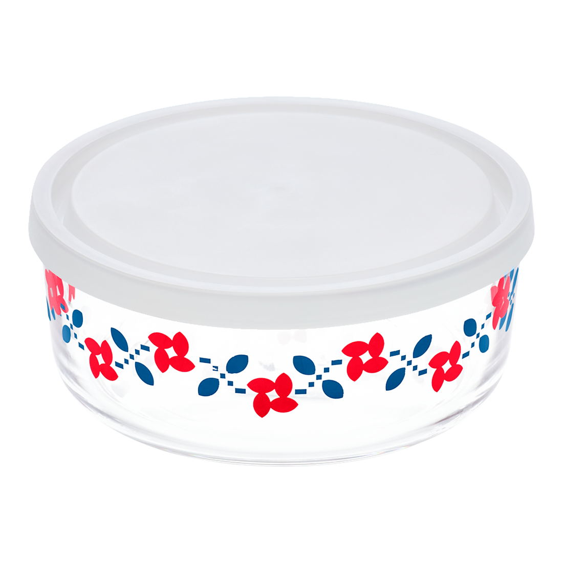 Round container with floral pattern on a white background