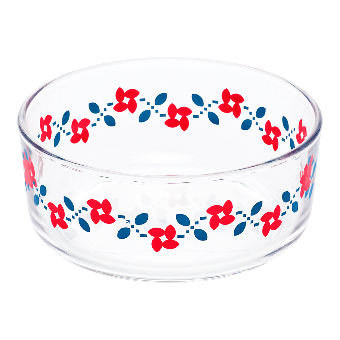 Clear glass bowl with red and blue floral pattern on a white background