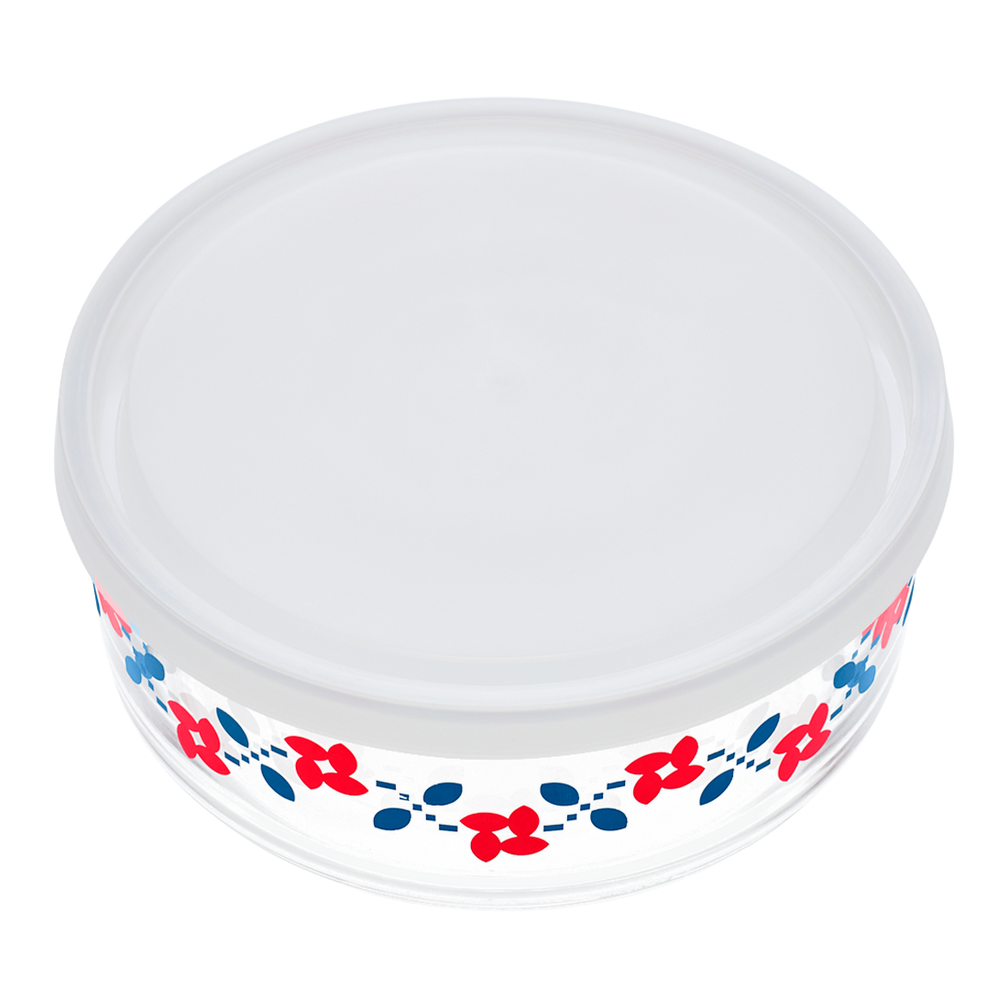 Round container with floral design on a white background