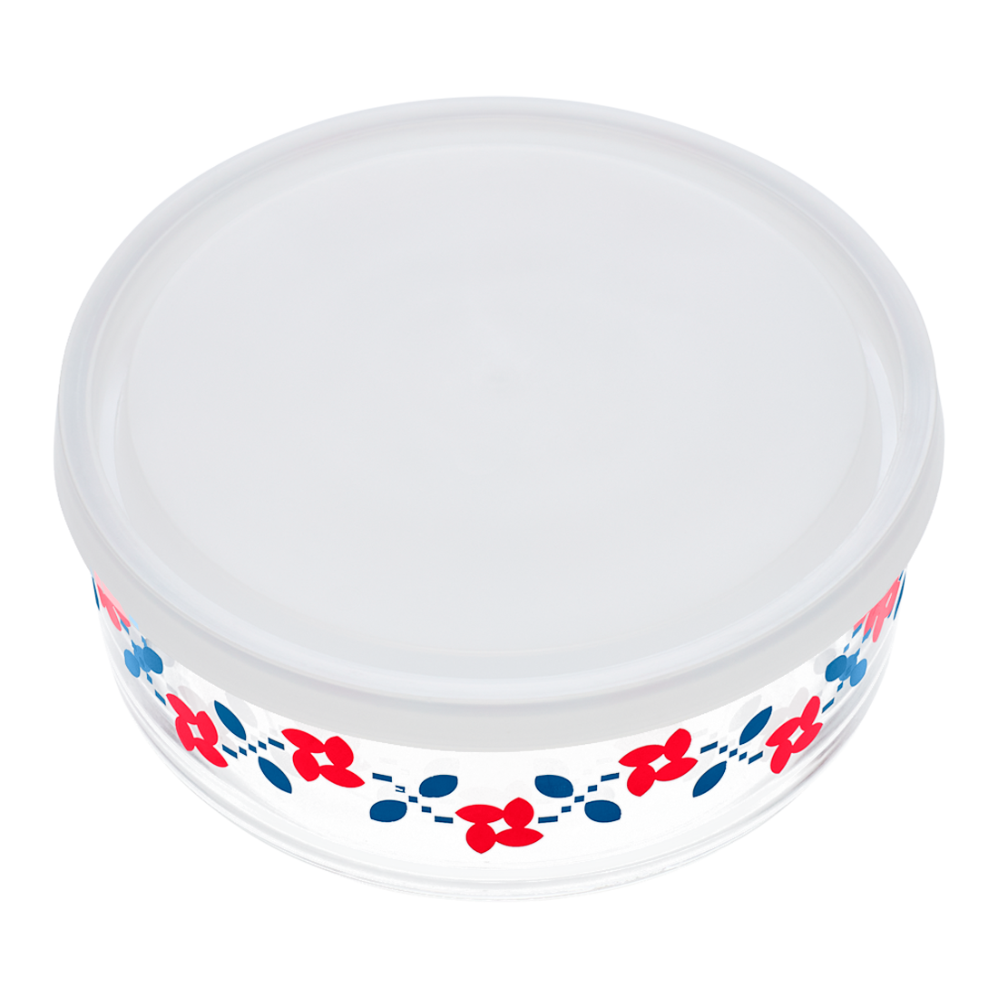 Round container with floral design on a white background