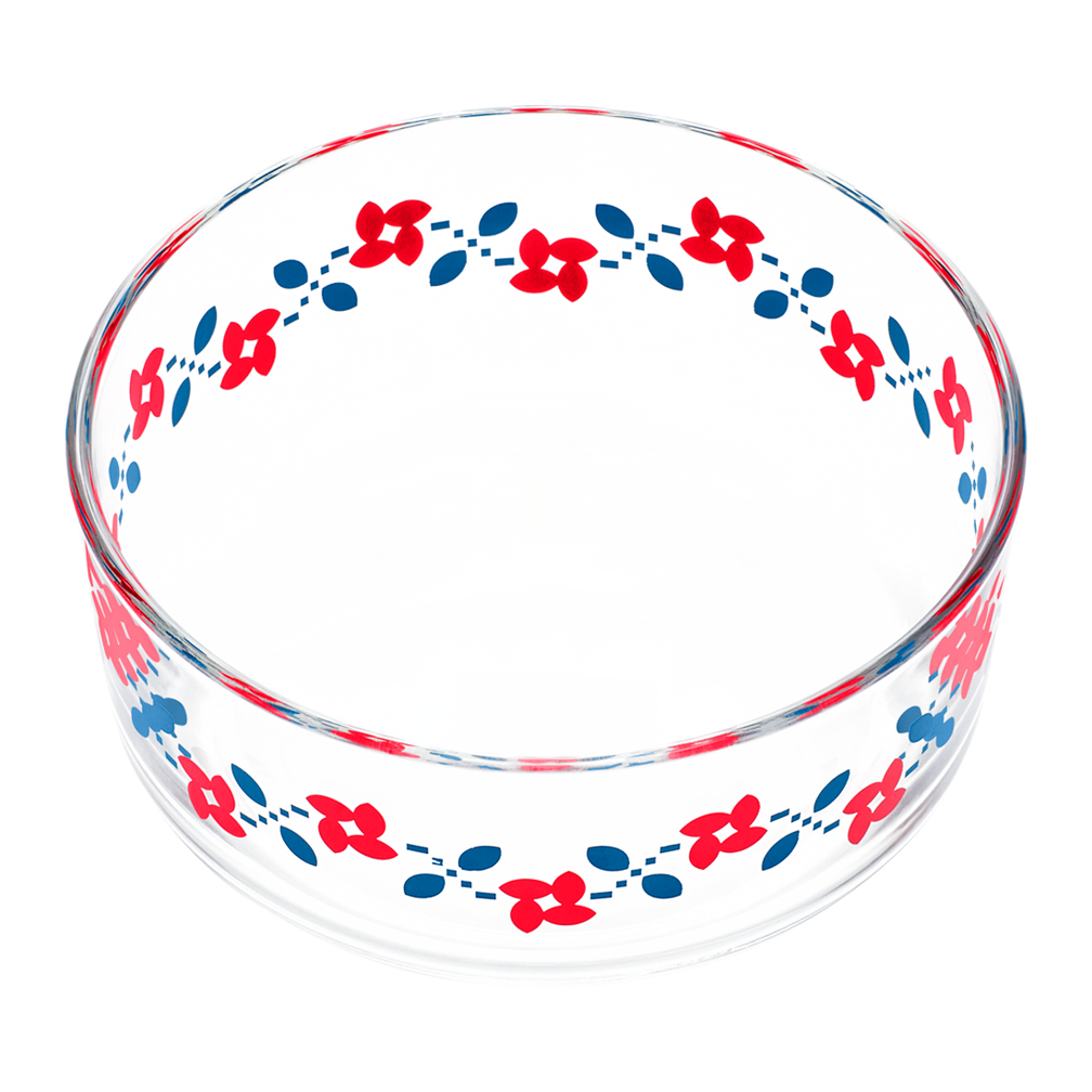 Clear glass bowl with red and blue floral pattern on a white background
