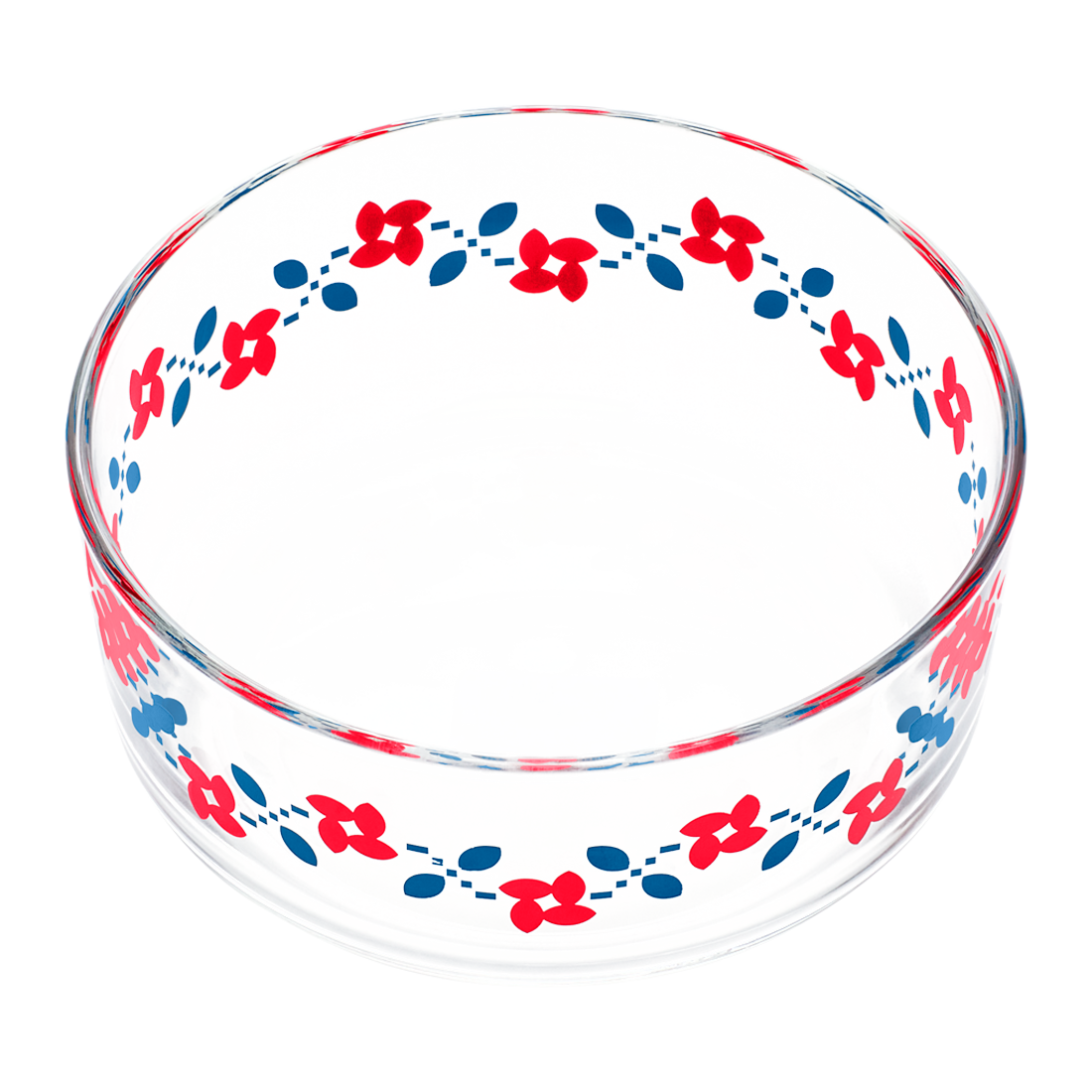 Clear glass bowl with red and blue floral pattern on a white background