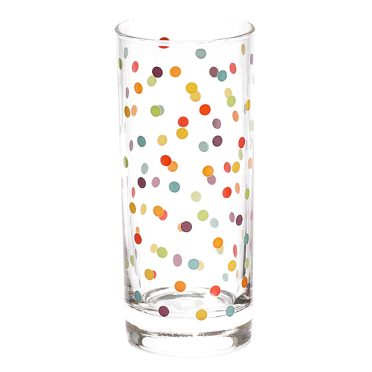 Clear glass with multicolored polka dot pattern on a white background