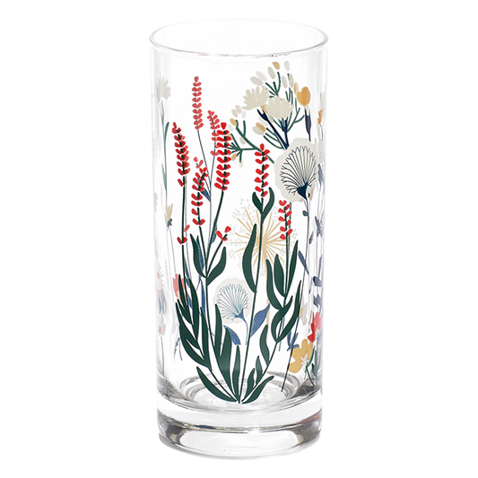 Clear glass with floral design on a white background