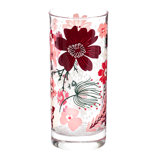 Clear glass with floral design on a white background