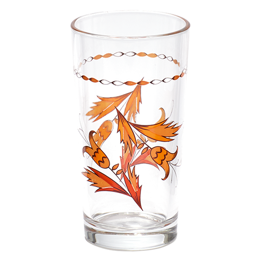Clear glass with orange floral design on a white background