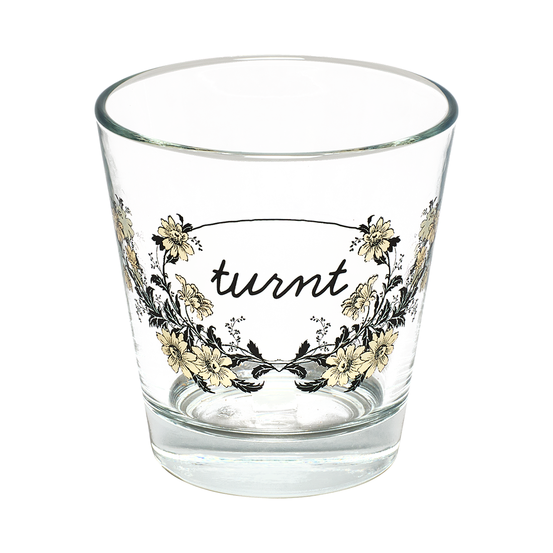 Clear glass with floral design and 'turnt' text on a white background