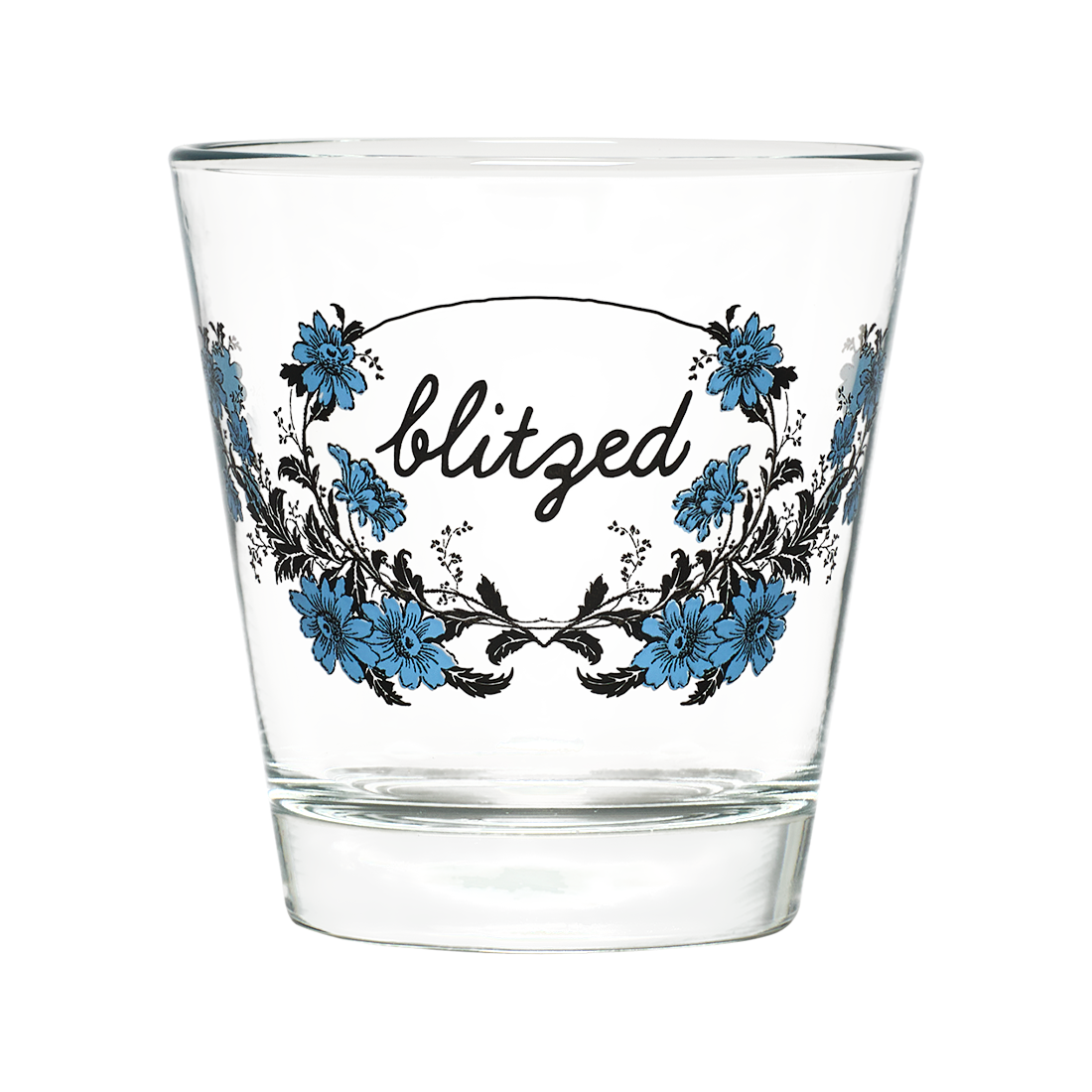 Clear glass with floral design and 'blitzed' text on a white background