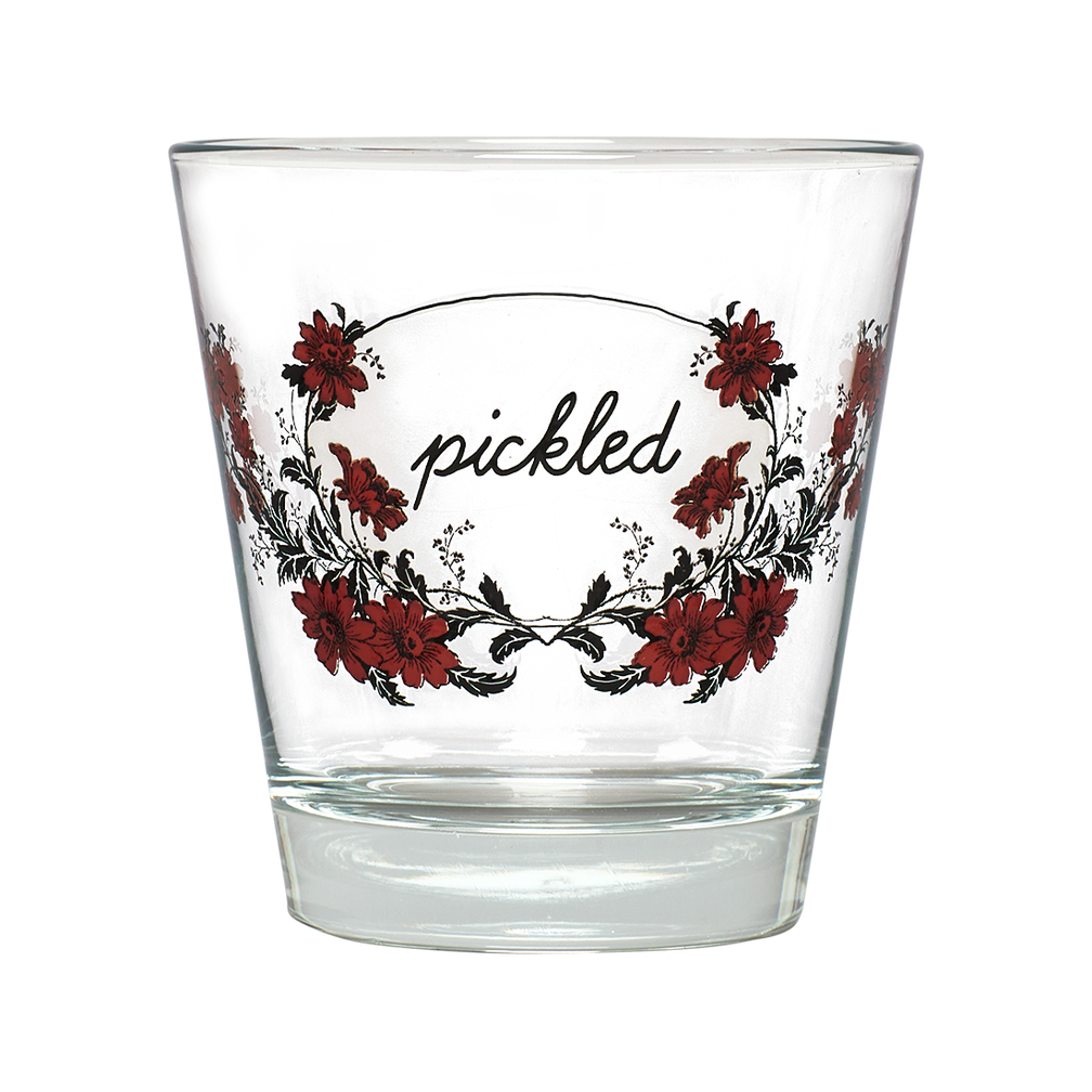 Clear glass with floral design and 'pickled' text on a white background