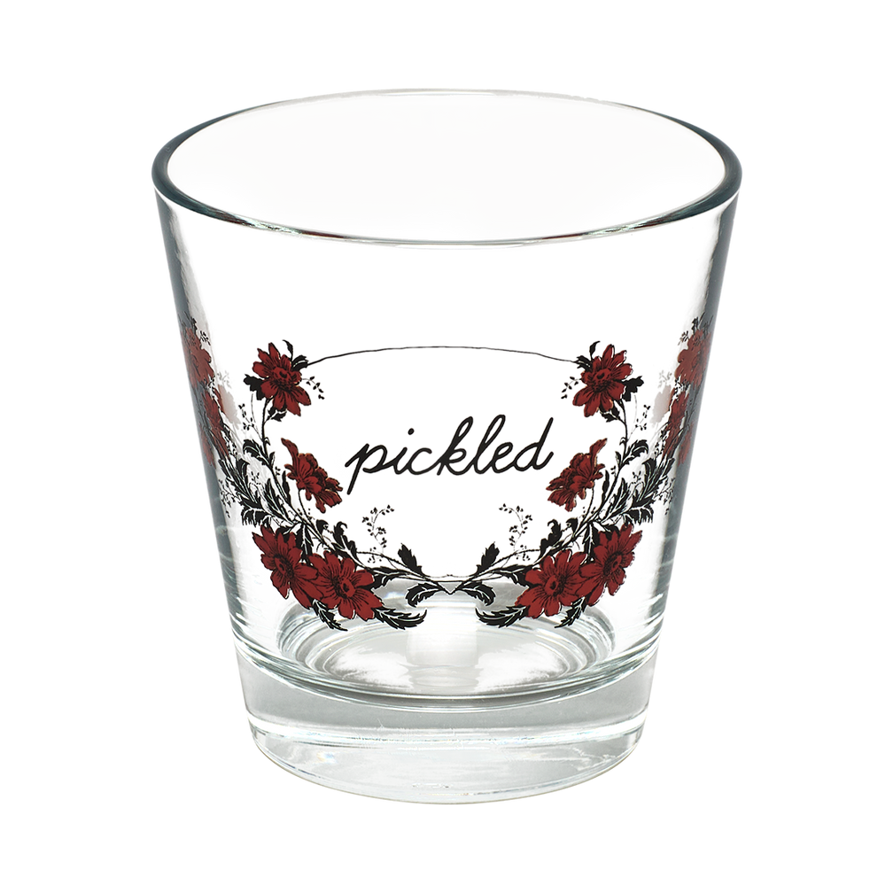Clear glass with floral design and 'pickled' text on a white background