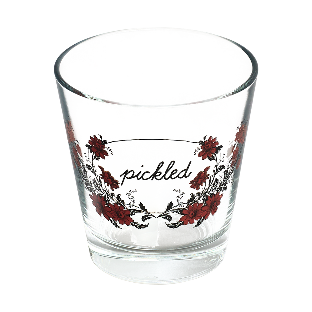 Clear glass with floral design and 'pickled' text on a white background