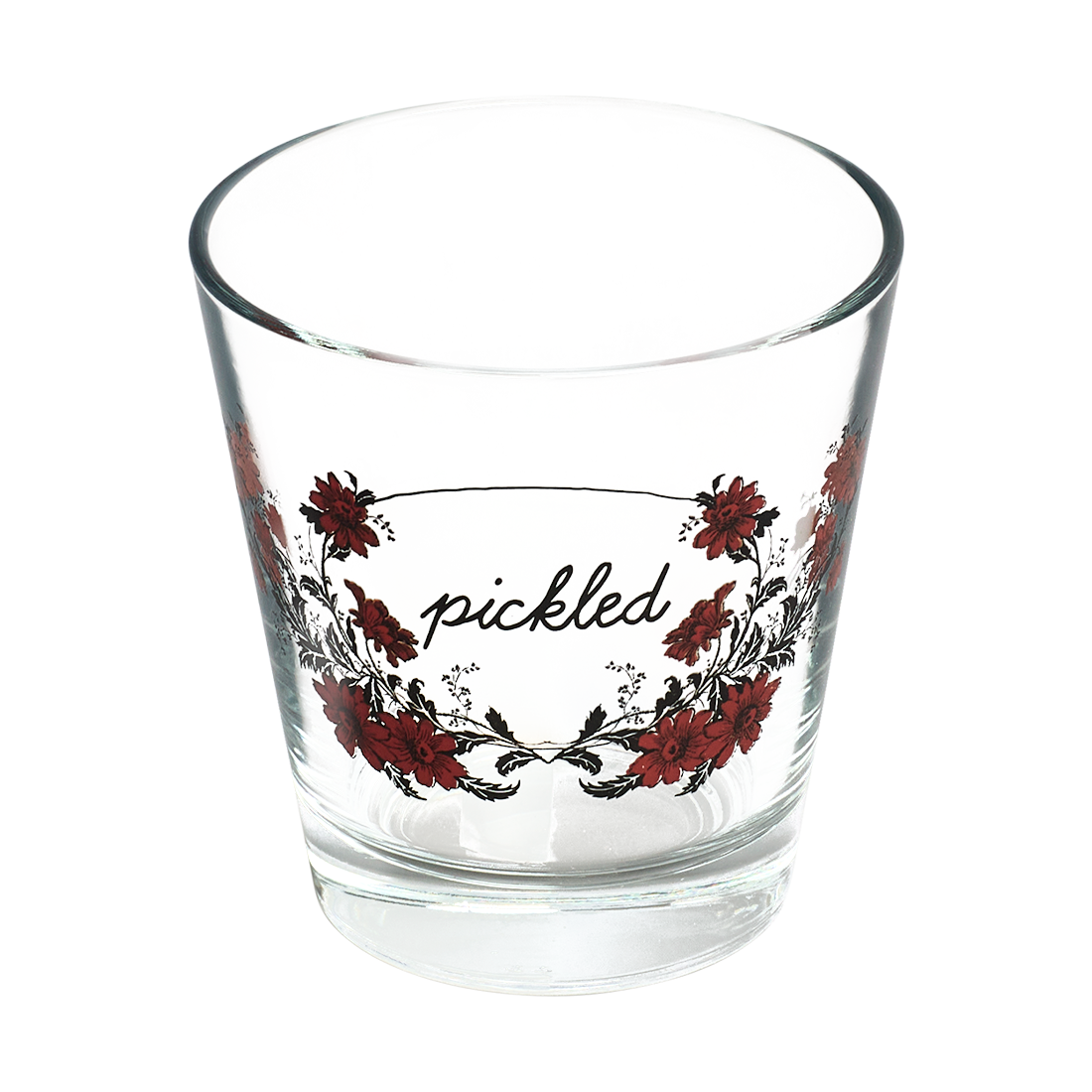 Clear glass with floral design and 'pickled' text on a white background