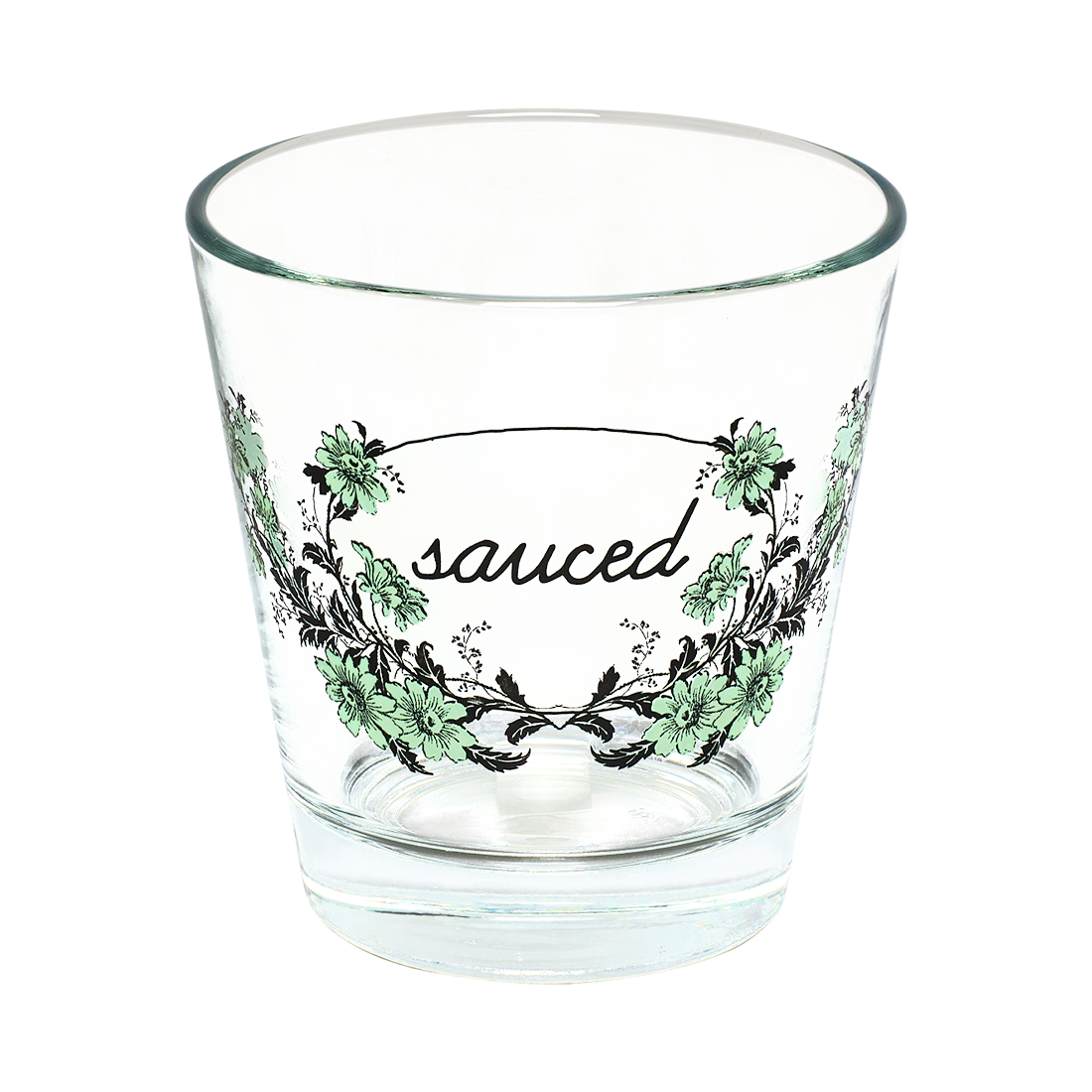 Clear glass with 'sauced' text and floral design on a white background