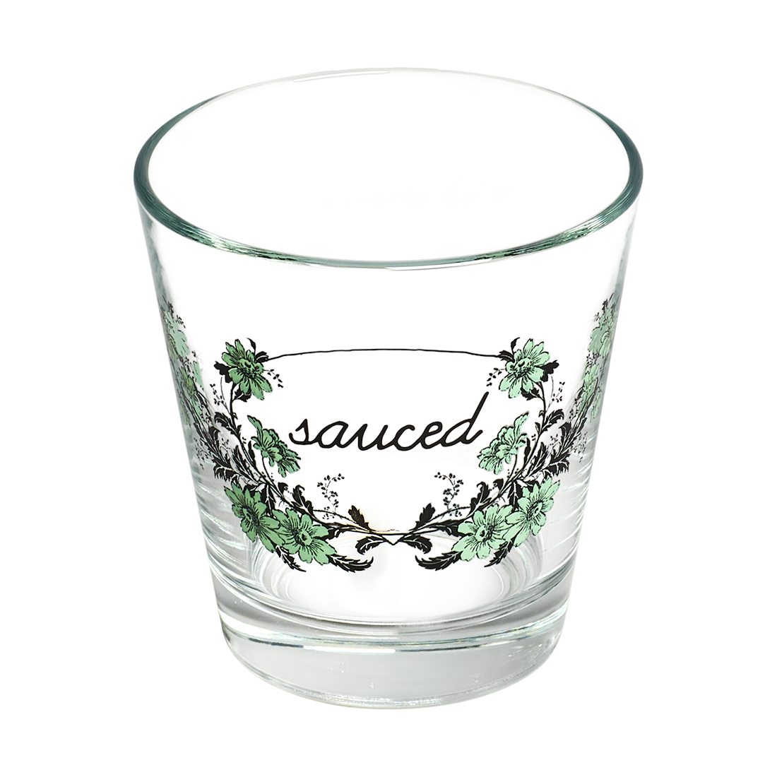Clear glass with 'sauced' text and floral design on a white background