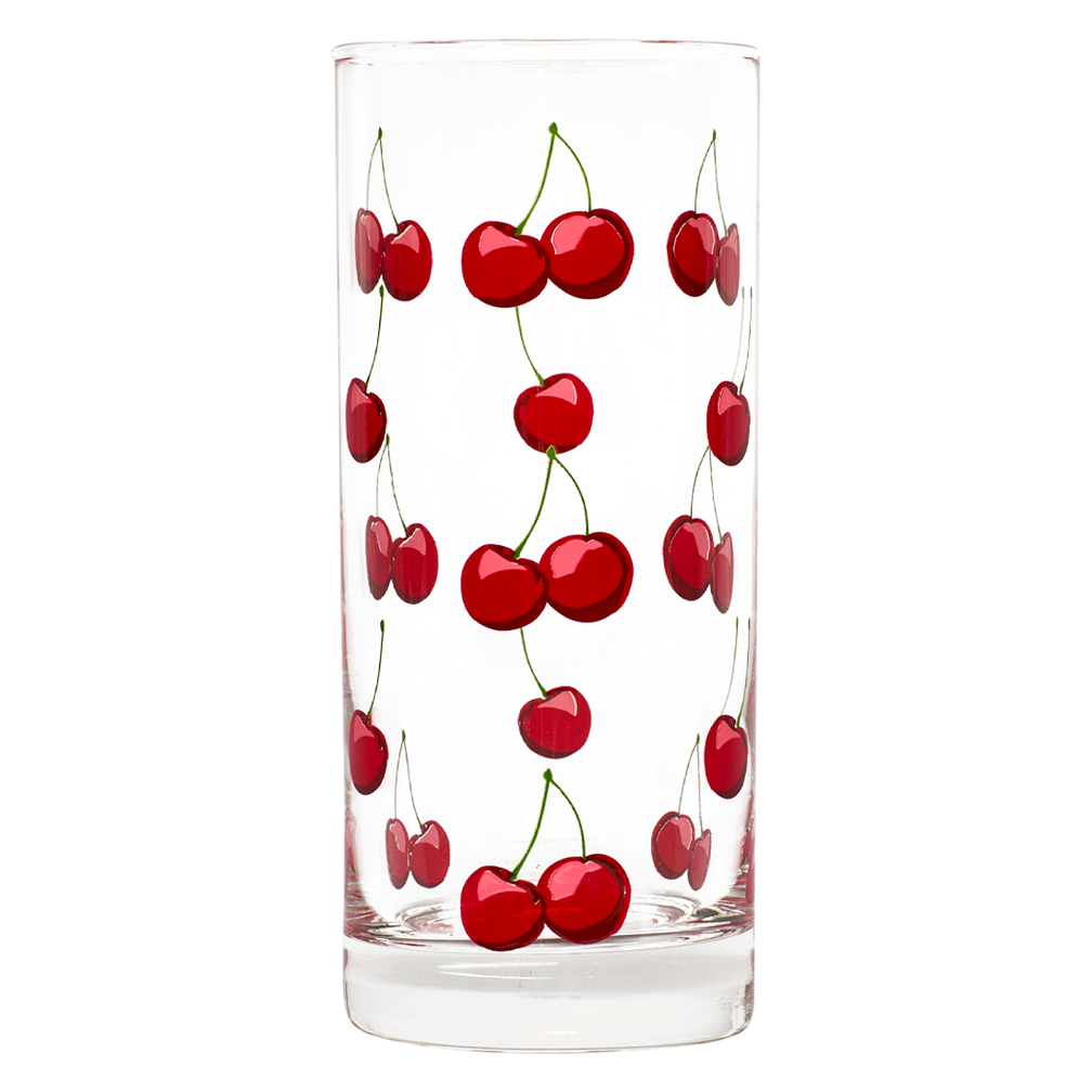 Clear glass tumbler with red cherry design on a white background