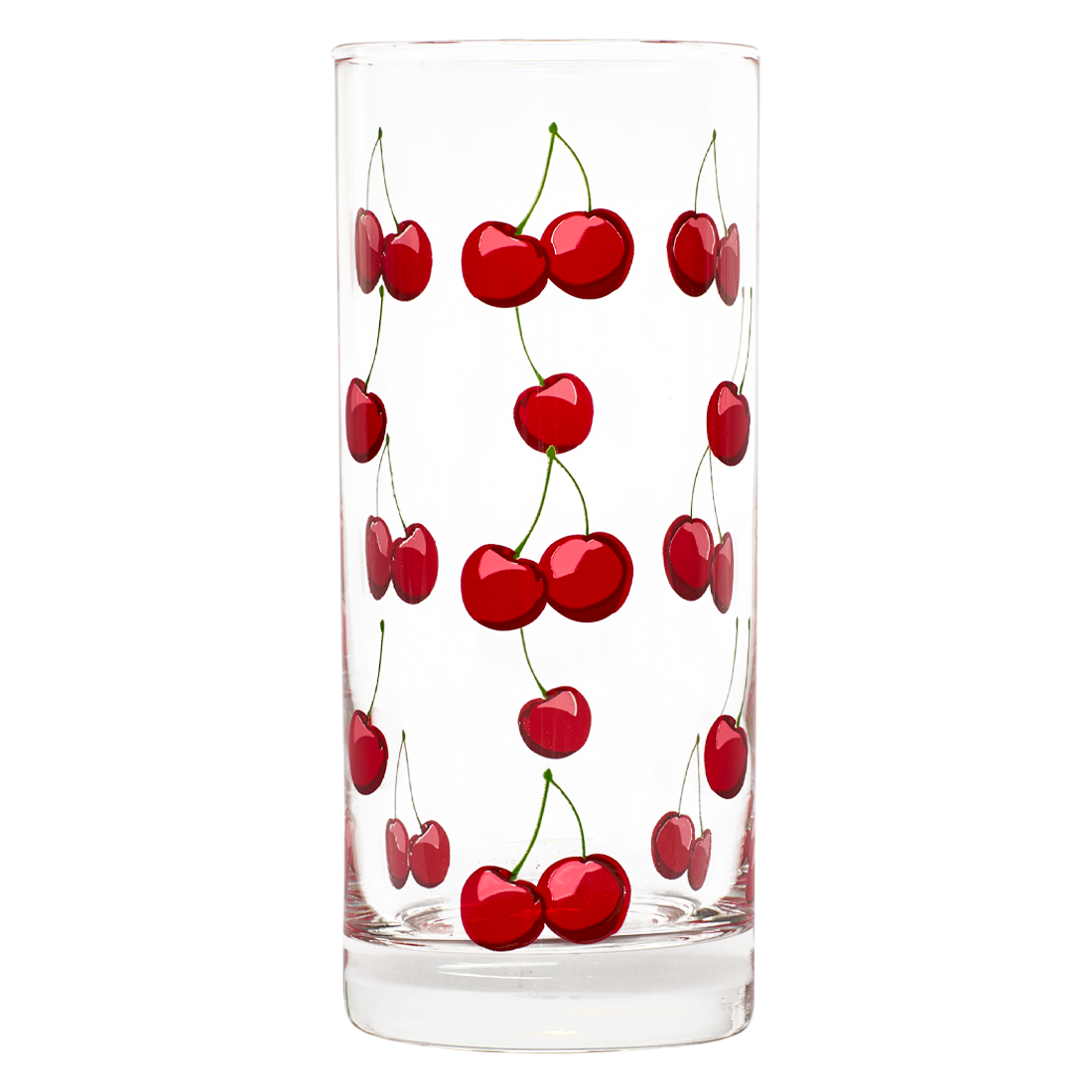 Clear glass tumbler with red cherry design on a white background