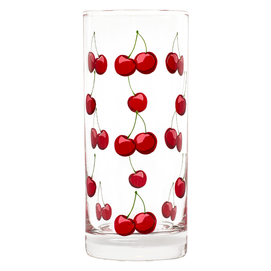 Clear glass tumbler with red cherry design on a white background