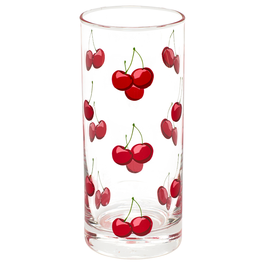 Clear glass with red cherry design on a white background