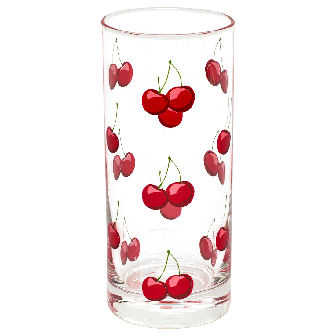 Clear glass with red cherry design on a white background