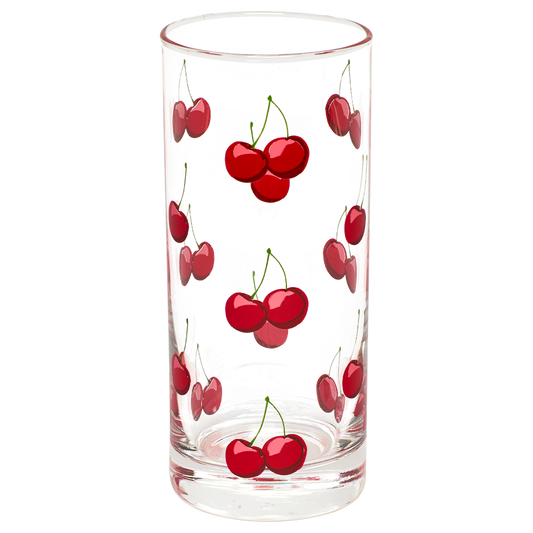 Clear glass with red cherry design on a white background
