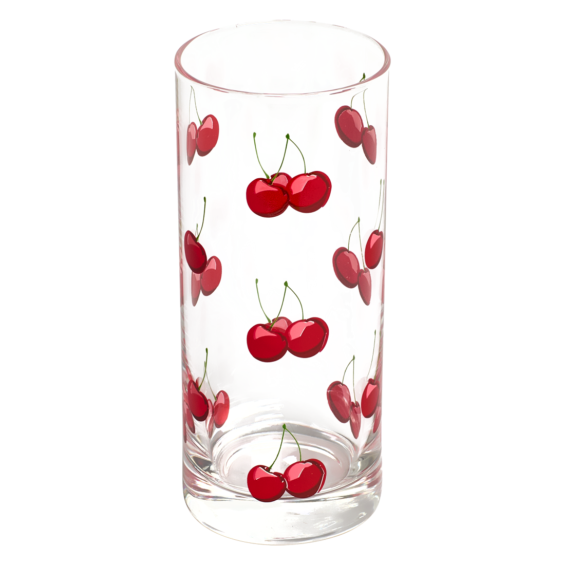 Clear glass with red cherry design on a white background