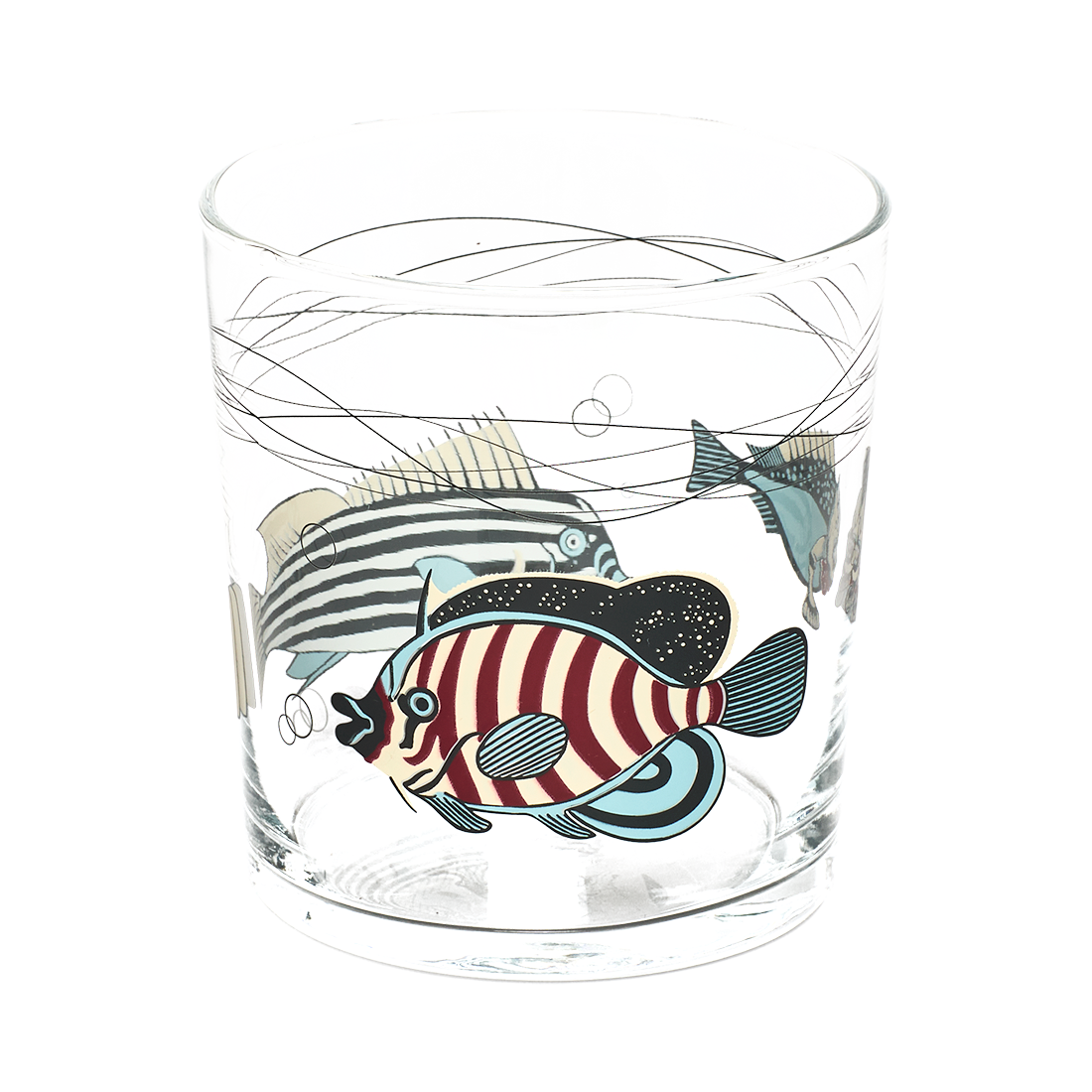 Clear glass tumbler with colorful fish illustrations on a white background