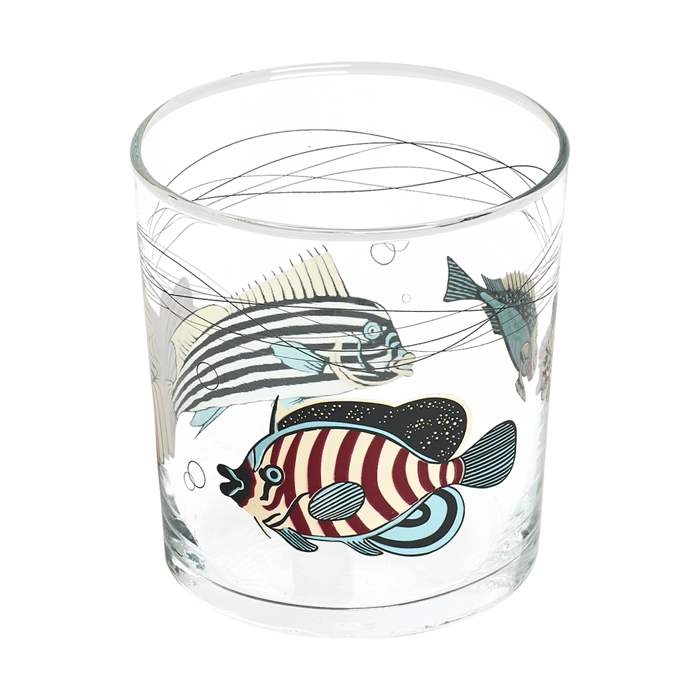 Clear glass tumbler with fish illustrations on a white background