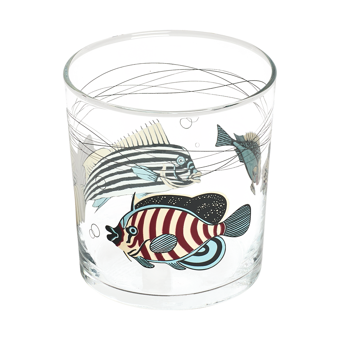 Clear glass tumbler with fish illustrations on a white background