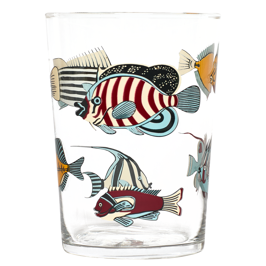 Clear glass tumbler with colorful fish illustrations on a white background