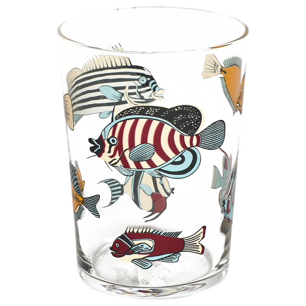 Clear glass tumbler with colorful fish illustrations on a white background