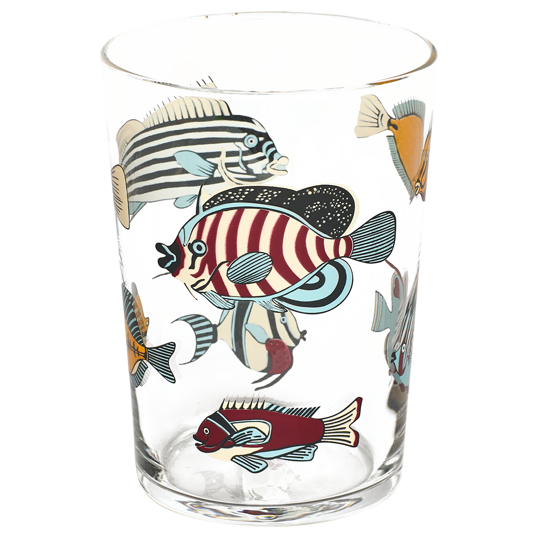 Clear glass tumbler with colorful fish illustrations on a white background
