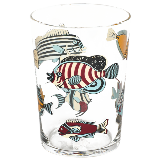 Clear glass tumbler with colorful fish illustrations on a white background
