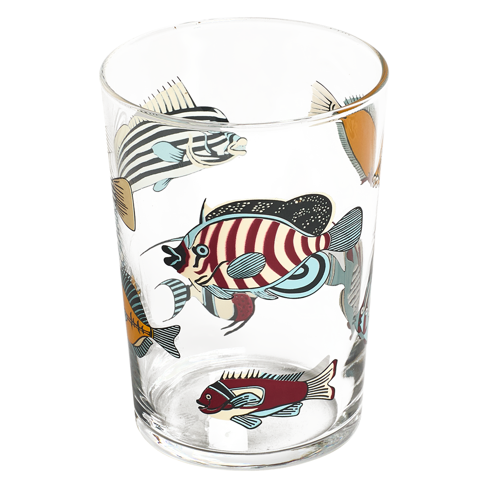 Clear glass tumbler with colorful fish illustrations on a white background