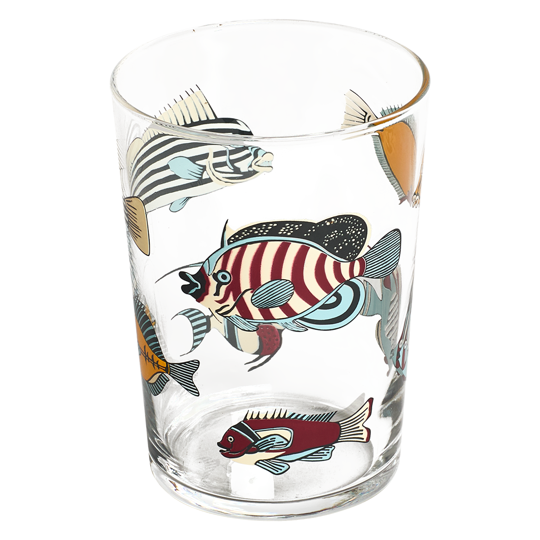 Clear glass tumbler with colorful fish illustrations on a white background