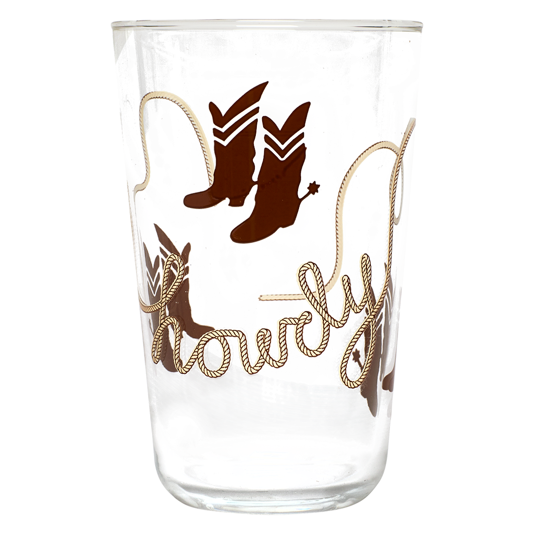 Clear glass tumbler with cowboy boot and lasso design on a white background