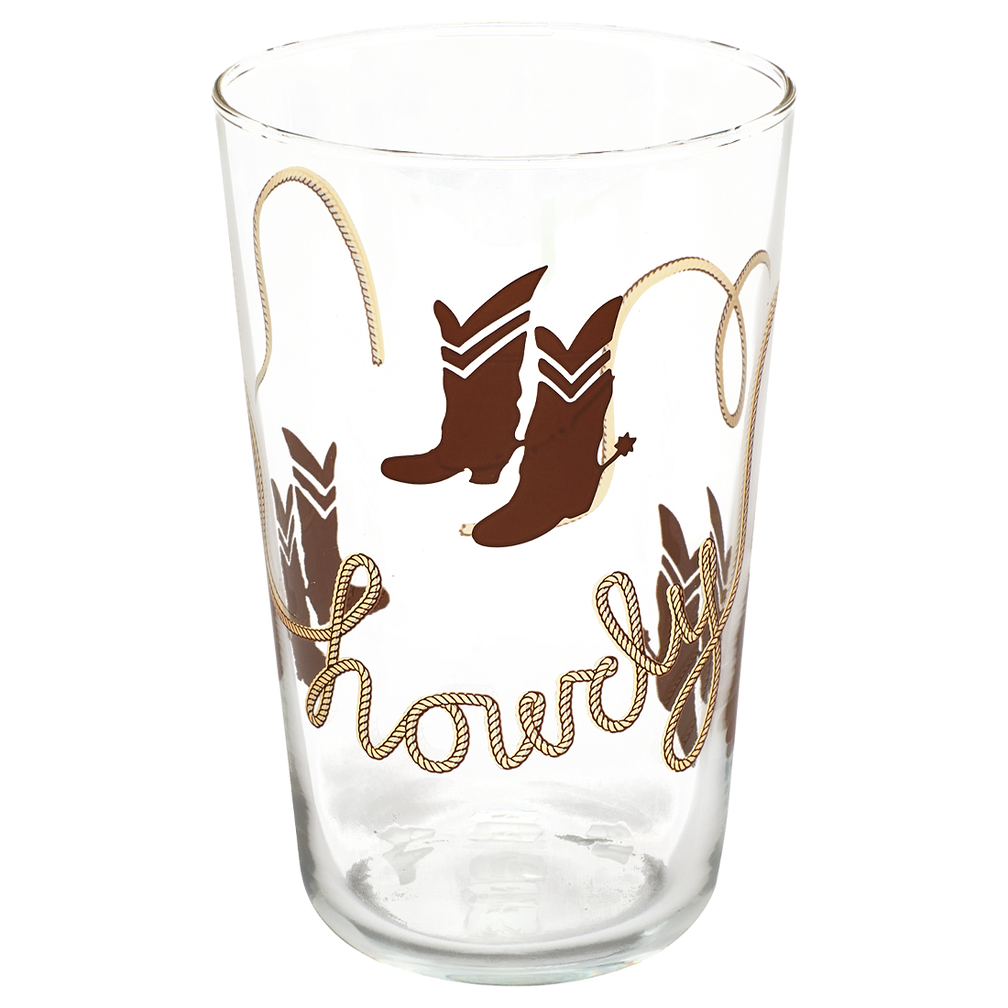 Clear glass tumbler with cowboy boot design and 'Showell' text on a white background