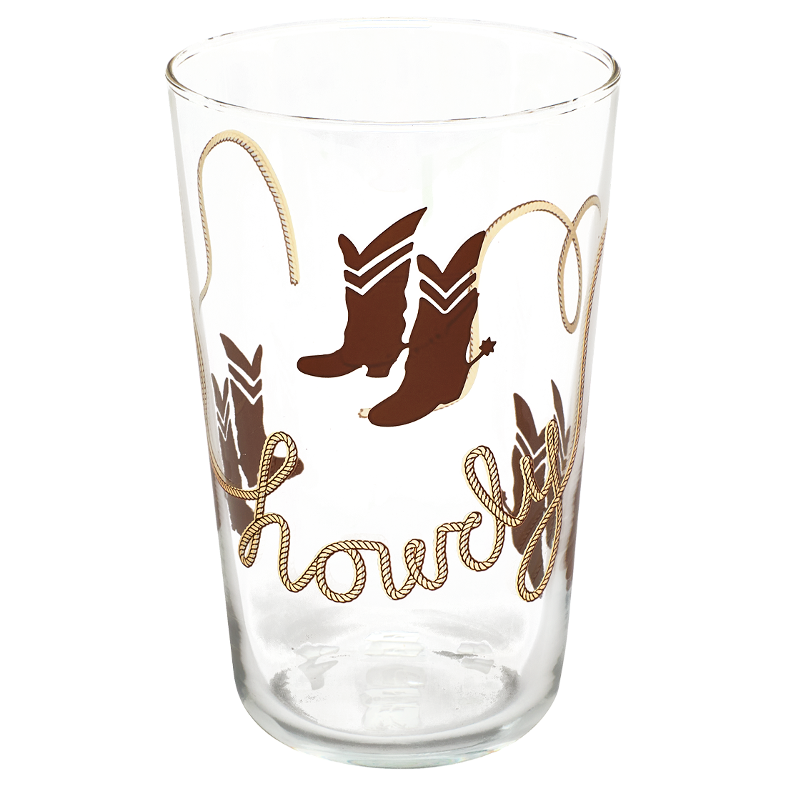 Clear glass tumbler with cowboy boot design and 'Showell' text on a white background