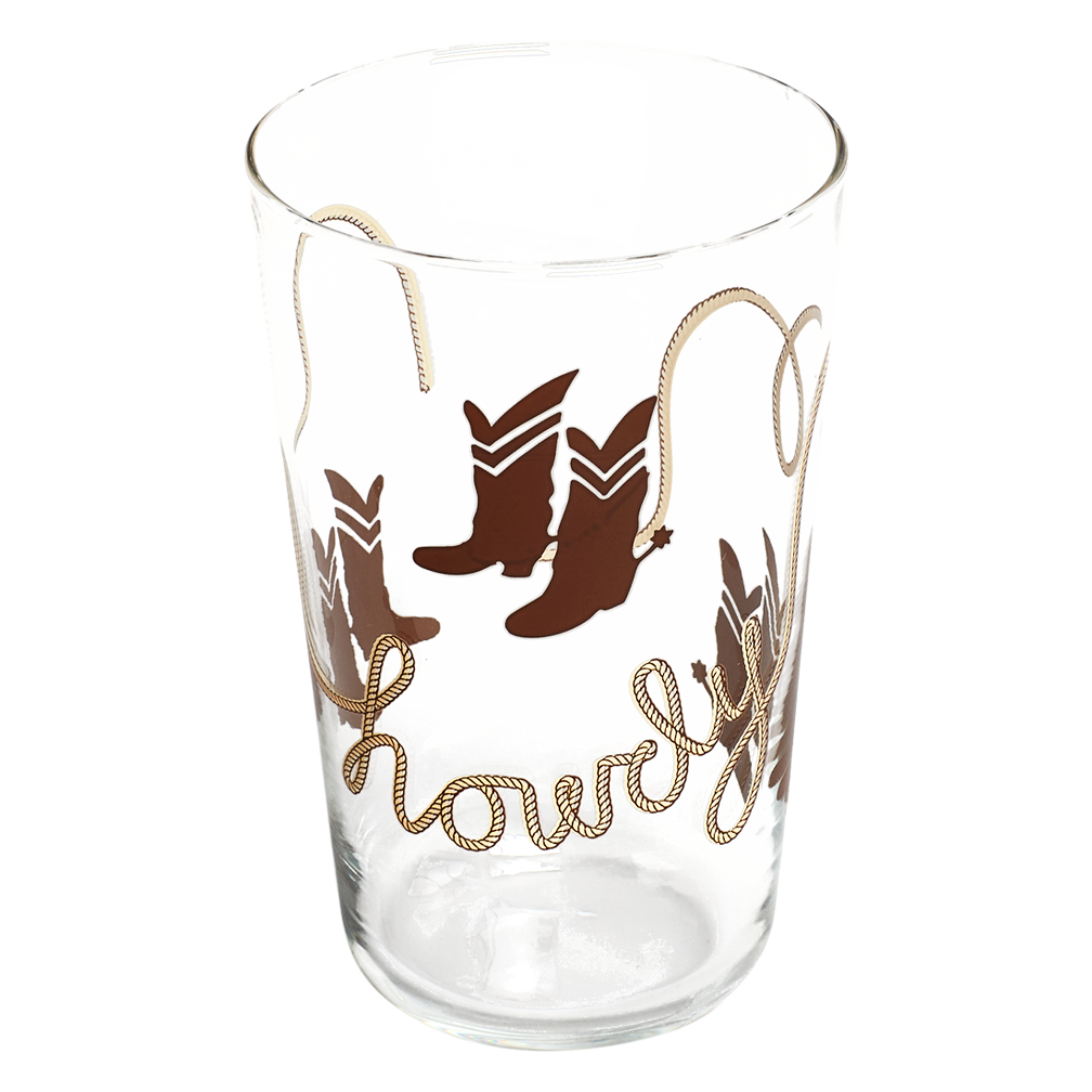 Clear glass with brown boot and rope design on a white background