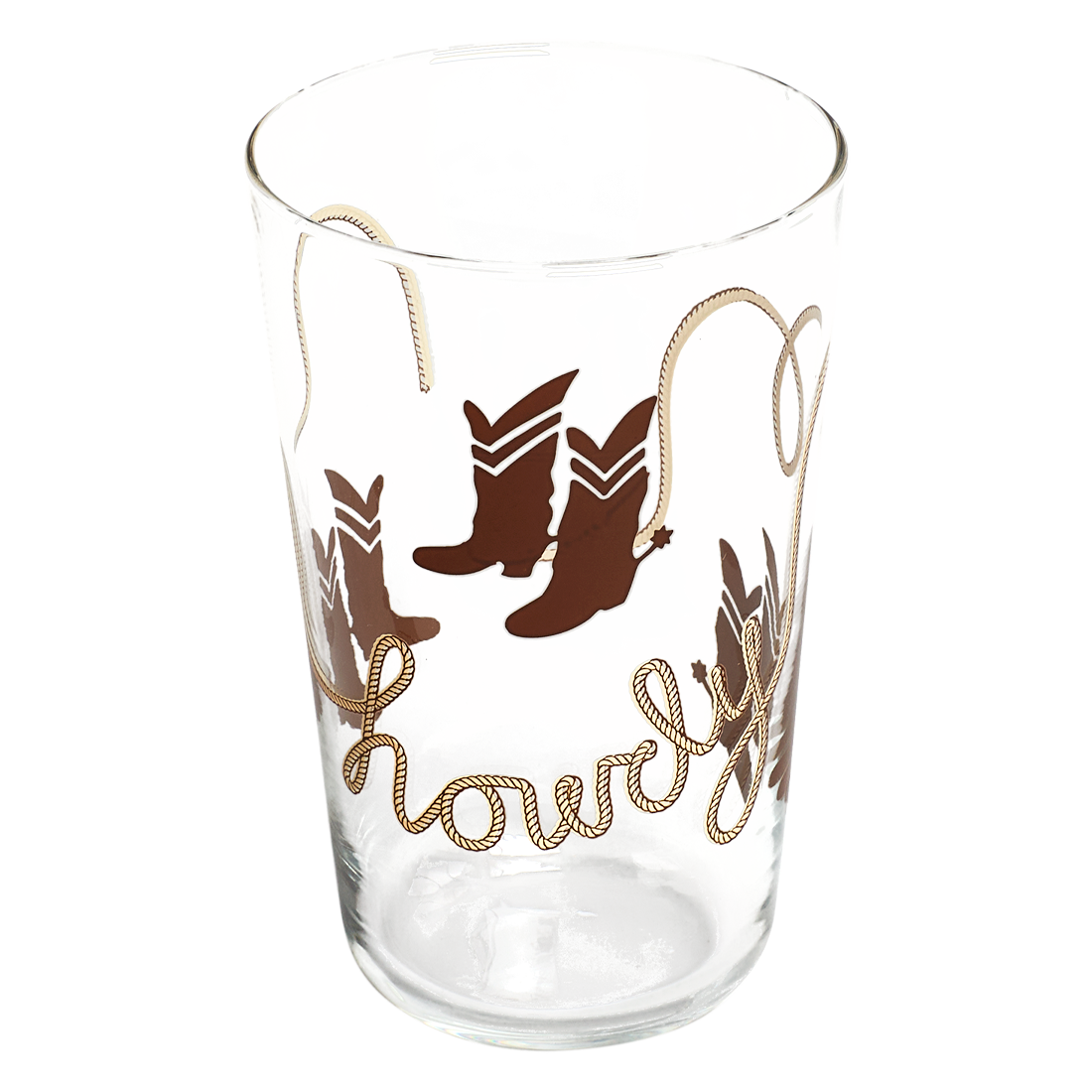 Clear glass with brown boot and rope design on a white background