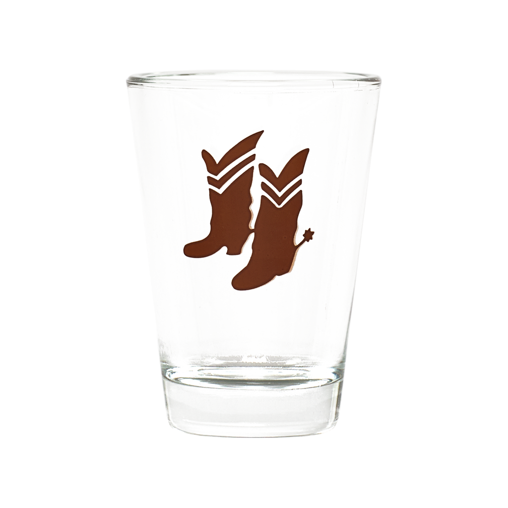 Clear glass with brown cowboy boot design on a white background