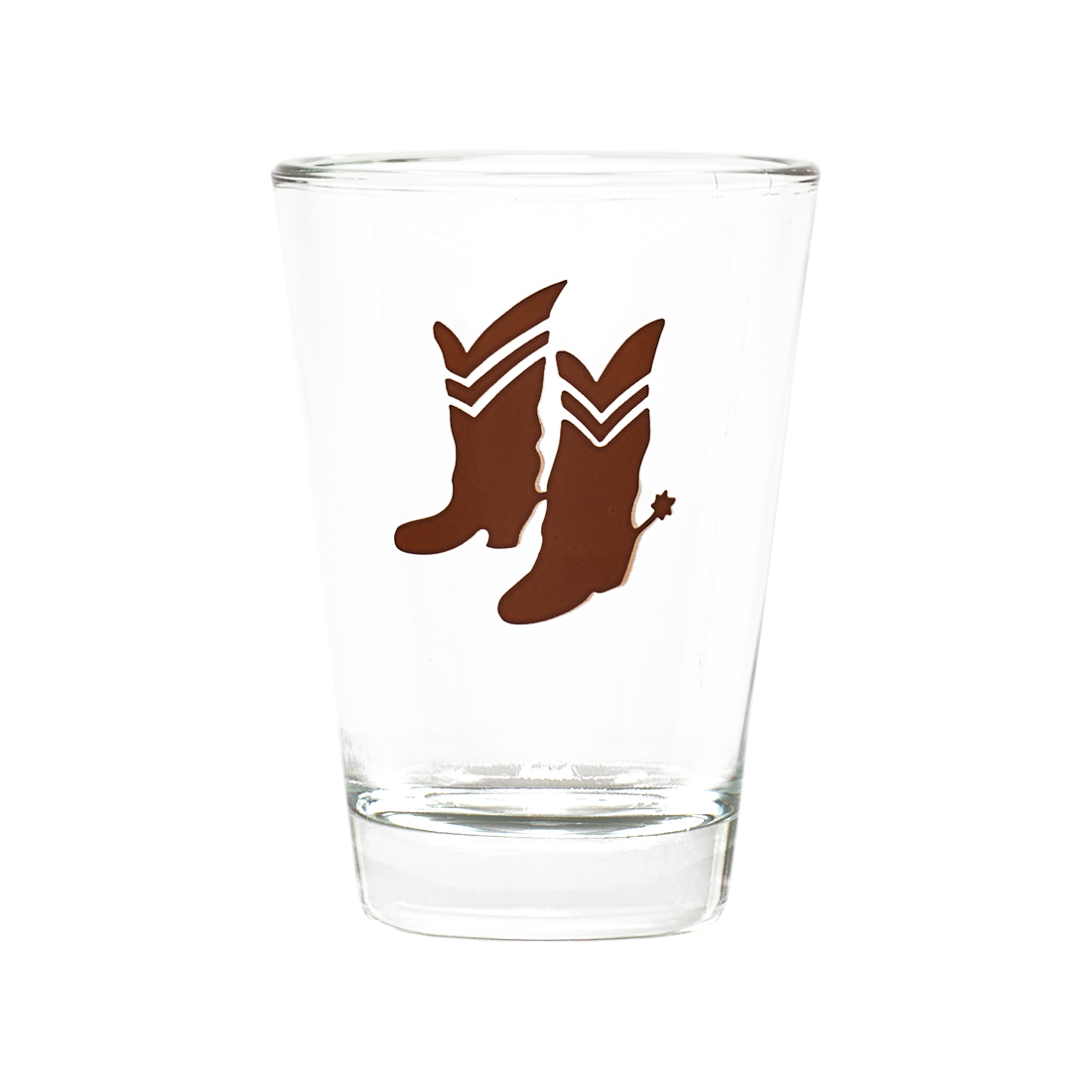 Clear glass with brown cowboy boot design on a white background