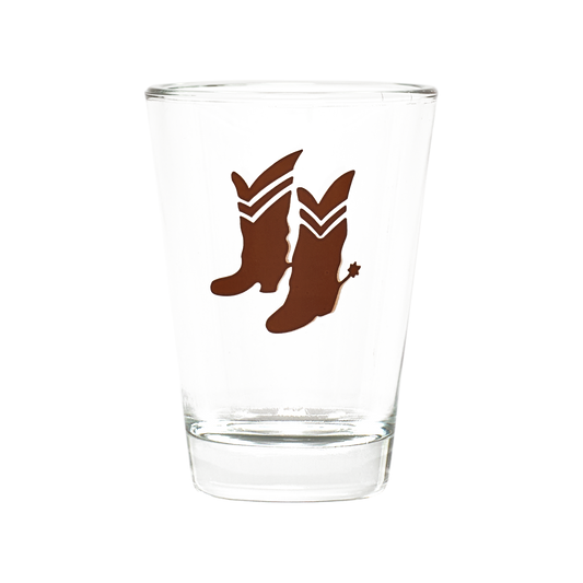 Clear glass with brown cowboy boot design on a white background